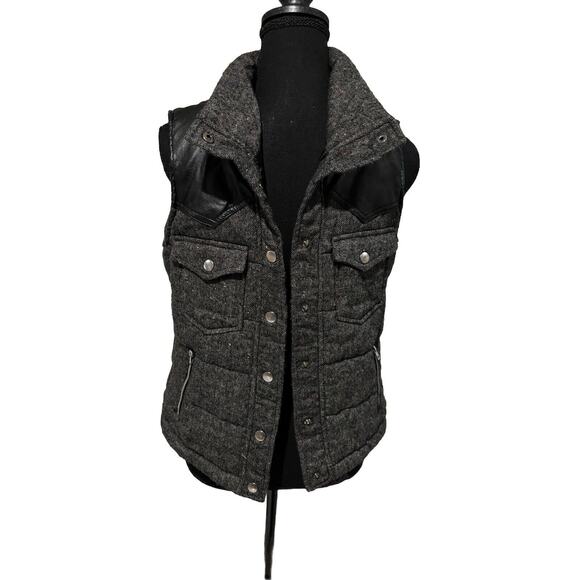 Love Tree Womens L Tweed Leather Button Up Puffer Vest Gray grunge outdoor ski - Picture 1 of 8